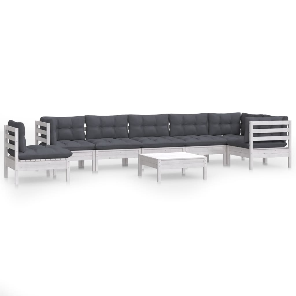 9-tlg. Garten-Lounge-Set mit Kissen Weiss Kiefer Massivholz